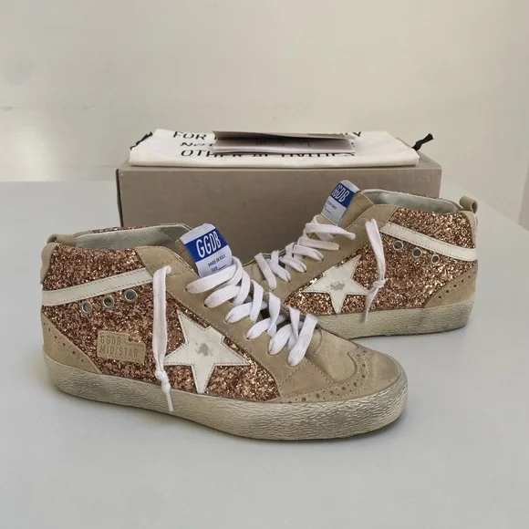 Golden Goose Mid Star Sneaker Rose Gold Glitter/Beige Leather/Suede 39 New Box - Picture 9 of 15